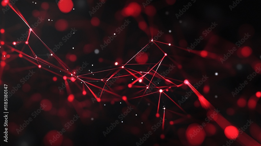 Fototapete Abstract red plexus lines and particles creating futuristic network on dark background