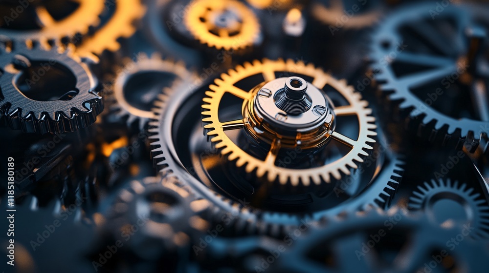 Fototapete interlocking gears rotating in perfect harmony: clockwork mechanism close-up