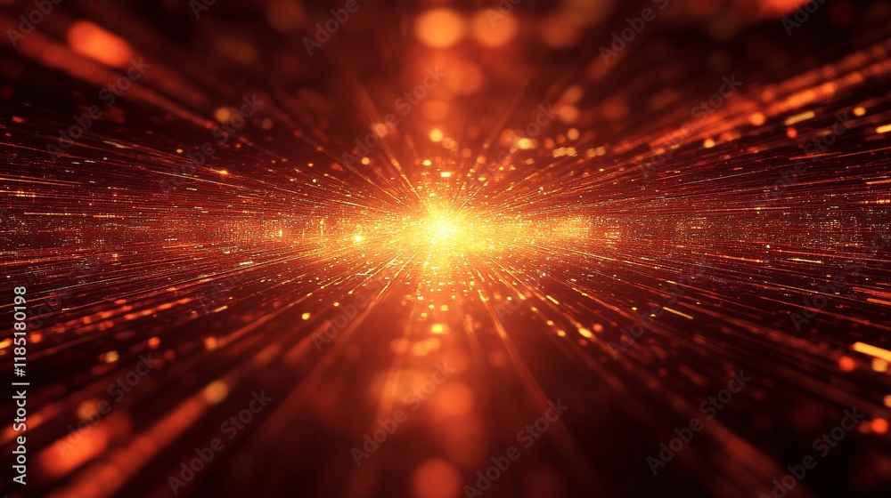 Poster Golden particles flowing towards bright light creating abstract background