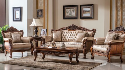 Elegant wooden sofa with a high backrest and luxurious cushions in a spacious living area.