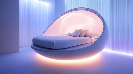 A modern bedroom with a floating bed surrounded by ambient LED lighting and minimalist decor 