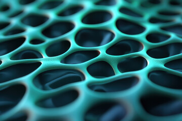 Microscopic view of polymer structure with glowing turquoise patterns, showcasing intricate textures and shapes