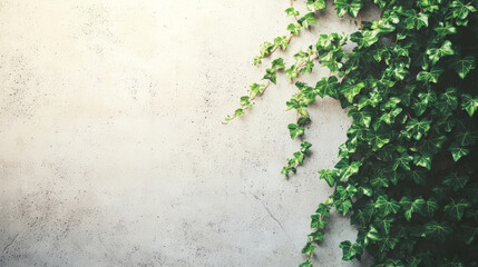 Lush green vine climbing textured wall, creating serene atmosphere