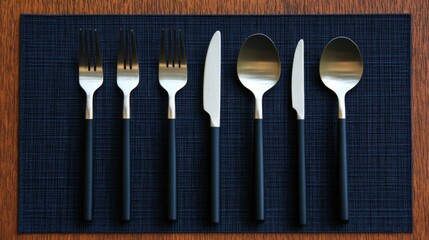 Flat lay of a modern dining set with spoon, fork, and knife on a navy blue mat.