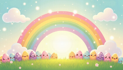 Naklejka premium Kawaii pastel rainbow arching over cheerful Easter eggs in a field, joyful celebration