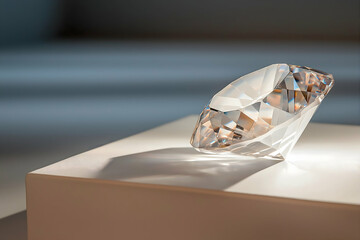 A sparkling diamond sits elegantly on a pedestal, reflecting light and showcasing its brilliant facets.