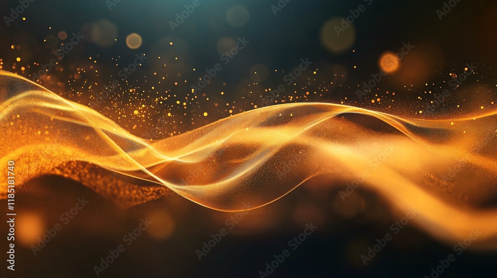 Poster Golden particles flowing and forming abstract wave on dark background