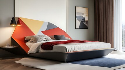 A modern bedroom with a geometric bed frame and bold accent colors 