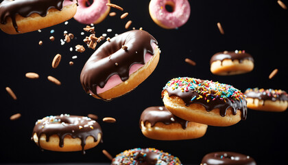 Flying donuts in the mid-air, glazed and sprinkled, suspended against a black background, invoking the excitement of sweet fast treats