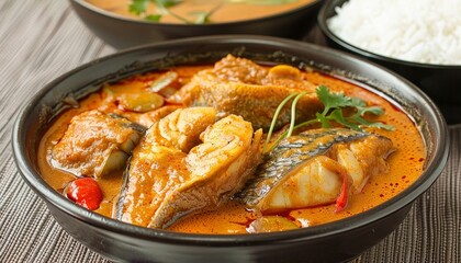 A bowl of fish curry with white rice and a side of curry sauce.