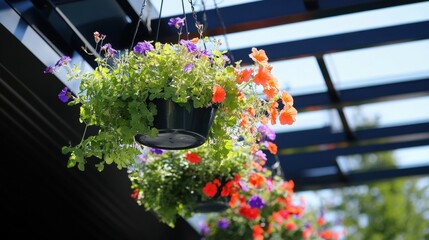 Hanging pots with vibrant flowers decorating a modern rooftop garden.