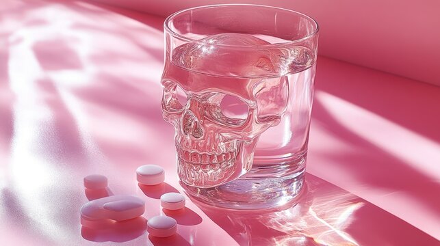 Glass of water with skull-shaped glass and pills on pink surface.