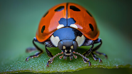 Naklejka premium close up of ladybug on green leaf, showcasing its vibrant colors and details