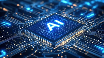 Obraz premium AI Technology: Futuristic Microchip with Artificial Intelligence System