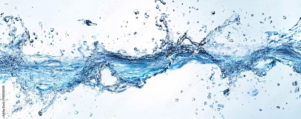 Poster stream of clean water splashing with droplets on white background