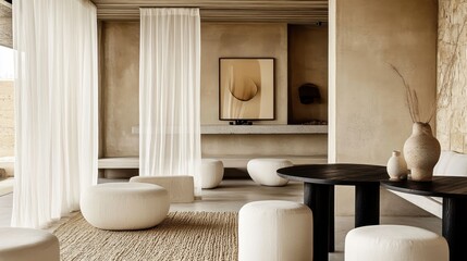 Obraz premium Minimalist living room, neutral tones, beige and cream colors, large windows, sheer curtains, low profile sofa, abstract wall art, potted plant, track lighting, textured wall panels, modern interior d