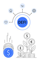 Decentralized Finance DeFi circle with home, heart, cart, and gear icons. Coins growing as plants, symbols for dollar, euro, pound. Ideal for finance cryptocurrency investments fintech economic