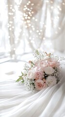 Delicate bridal bouquet resting on wedding dress with sparkling lights