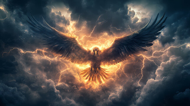 A majestic mythical thunderbird with outstretched wings and fierce gaze soars against a dramatic stormy sky with lightning bolts and dark clouds. Thundertide. Illustration