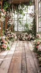 Fototapeta premium Wooden floor with flower decorations creating a romantic ambiance for wedding ceremony