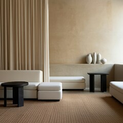 Minimalist living room, neutral tones, beige and cream colors, large windows, sheer curtains, low profile sofa, abstract wall art, potted plant, track lighting, textured wall panels, modern interior d