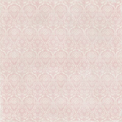 Soft pink vintage damask pattern with floral baroque motifs and a distressed texture, ideal for antique wallpaper, romantic backgrounds, and elegant decorative design.