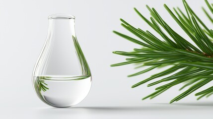 conifer essential oil drop, pine tree branch inside, 3D effect, floating dynamic view, sharp clarity, isolated on white background