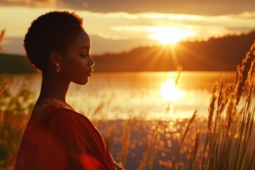 Fototapeta premium Woman enjoying a serene sunset by the lake with sunlight reflecting on calm waters