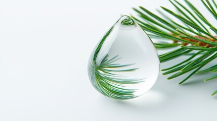 Conifer oil droplet encasing a miniature pine branch, isolated on white; an ethereal, close-up view emphasizing organic purity