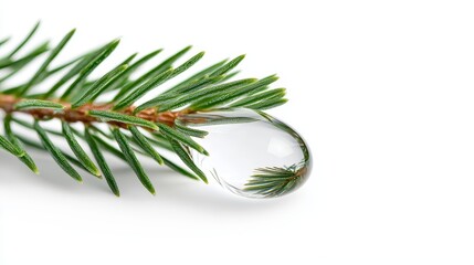 Conifer oil droplet encasing a miniature pine branch, isolated on white; an ethereal, close-up view emphasizing organic purity
