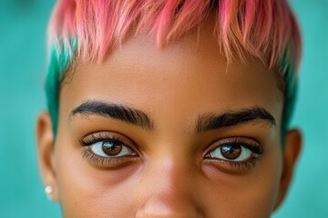 Naklejka premium Commercial ad campaign visual idea. Gorgeous calm black girl - for ads, magazine ad and social apps use. Short haircut - multicolored hair. Stylish black trends. Urban model campaign.