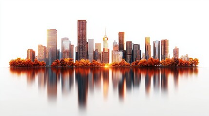 Obraz premium contemporary city scene, autumn trees lining streets, sleek architecture interwoven with nature, lively perspective, isolated on white background