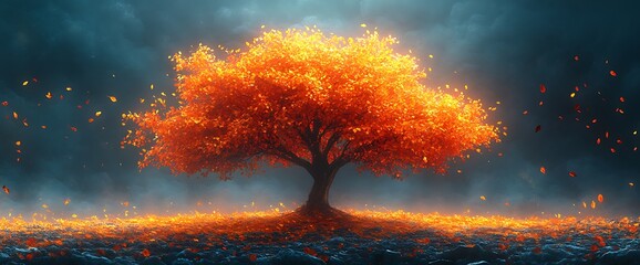 Glowing autumn tree with falling leaves at night.