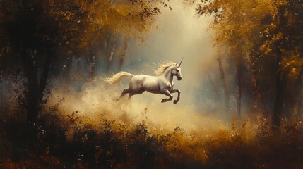 Majestic Unicorn Leaping Through Misty Forest - Fantasy Art