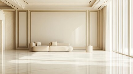 Serene Beige Living Room Interior Design, Minimalist Sofa, Sunlit Space