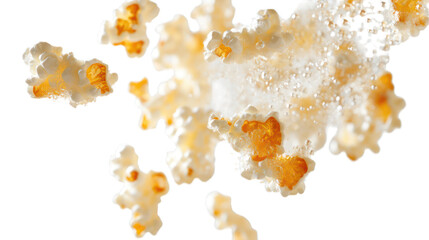 dynamic scene of multiple pieces of popcorn, isolated transparent background