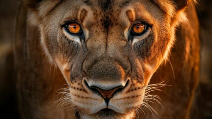 Fototapeta premium Lioness Close-Up Portrait: Intense Gaze in Golden Light