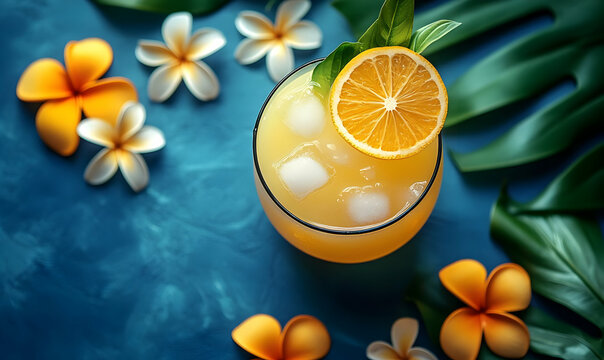 Tropical citrus cocktail, summer, blue background, ad