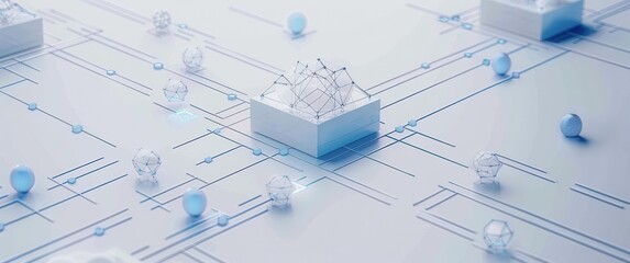 Abstract cloud computing visualization.  Interconnected nodes and geometric forms on a pristine white background. Subtle blue accents create a professional tech aesthetic. Clean lines define a modern.