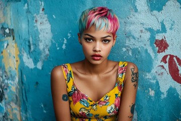 Short hairdo - multicolored hair. Gorgeous calm mixed-race girl - for ads, magazine ad and online promotion use. Commercial promotion creative creative design. African american hair.