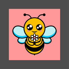 A cute yellow bee with big eyes and a flower in its mouth, against a pink background