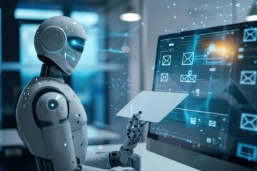 AI optimizes email marketing for max conversion.  A futuristic robot analyzes data on a sleek computer screen, enhancing campaign performance in a modern setting.  Advanced tech drives email success.