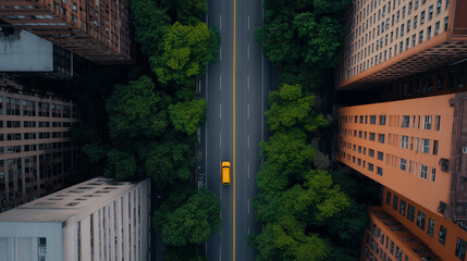 Aerial view of city street with yellow taxi surrounded by trees and buildings.