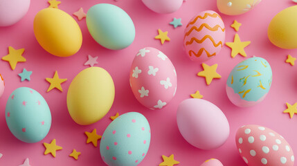 Colorful eggs scattered on pink background with playful stars
