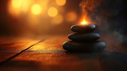 Glowing stones on wooden surface.