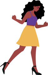 Black woman with curly hair, wearing yellow and purple clothing, with her fists closed