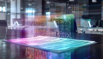 AI document analysis futuristic office. Holographic document displays colorful binary code cascading.  Innovative tech.