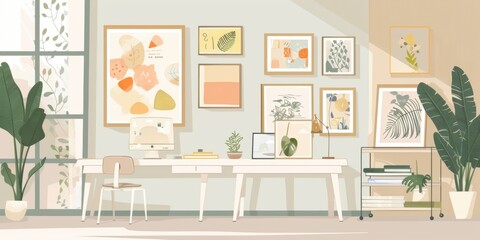 Serene minimalist artist studio.  Artwork adorns the walls, complementing a clean workspace. Subtle colors & clean lines highlight the art's beauty. A peaceful, inspiring environment.