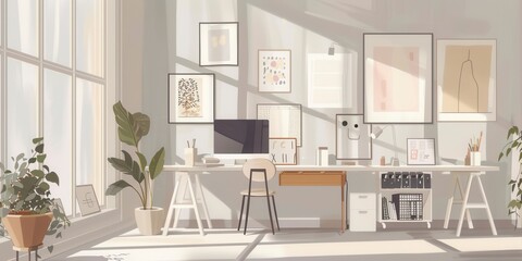 Serene minimalist artist studio.  Sunlit space features artwork, plants, & a clean workspace. Subtle colors & clean lines highlight the art's beauty. Peaceful atmosphere.