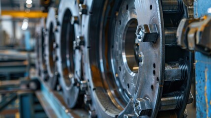 Fototapeta premium Bridge bearing installation closeup. Massive steel components showcase precision engineering in this industrial setting. Technical details of the intricate design are evident.